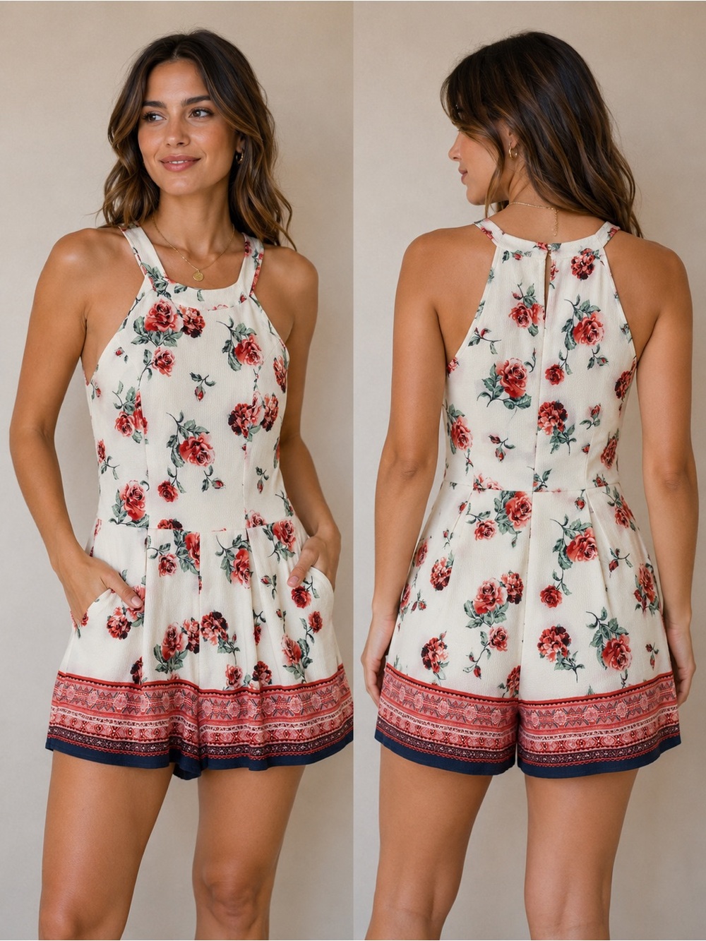 Trixxi Floral Scalloped Halter Romper - Size L Boho